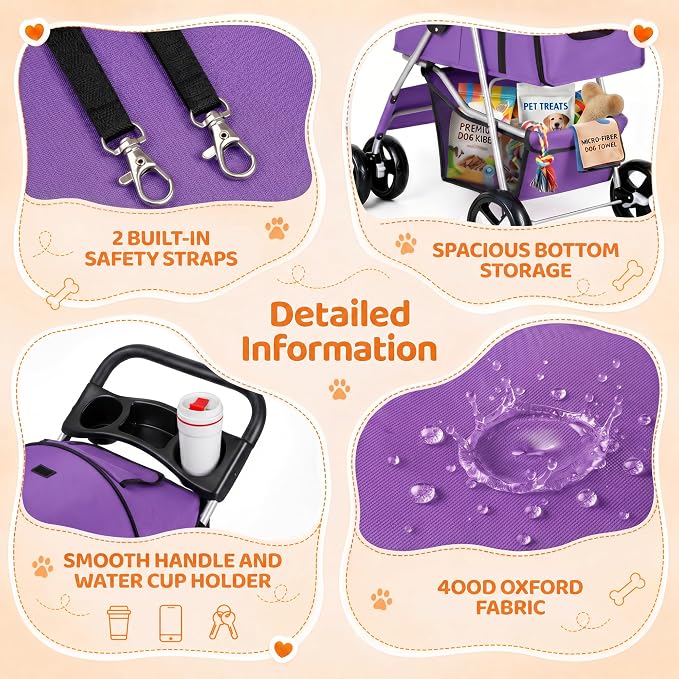 ZENY Foldable Pet Stroller, Cat/Dog Stroller with 4 Wheel, Pet Travel Carrier Strolling Cart with Storage Basket, Cup Holder (Purple)