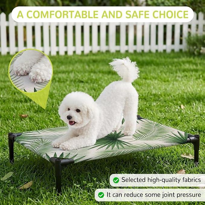 Outdoor Elevated Dog Bed for Large Dogs, Summer Leaves Breathable Cooling Raised Dog Cot for Indoor/Outdoor, Rustic Tropical Palm Leaf Plants Branches Waterproof Elevated Pet Beds, L 28 x 22 in