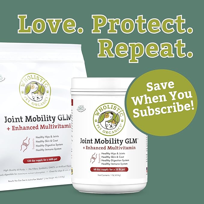 Wholistic Pet Organics - Hip and Joint Supplement for Dogs & Cats - Cat and Dog Joint Supplement - Green Lipped Mussels, Glucosamine, Chondroitin for Dogs & Cat Mobility Support - 4 Lb - 181 Scoops