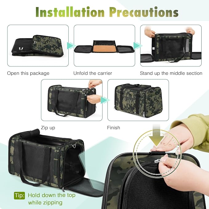 Cat Carrier Soft 25lbs Two Loading Pet Carriers Portable Small Dog Puppy Airline Approved Carrier with Side Pockets Foldable Portable for Outdoor Car Black Camouflage