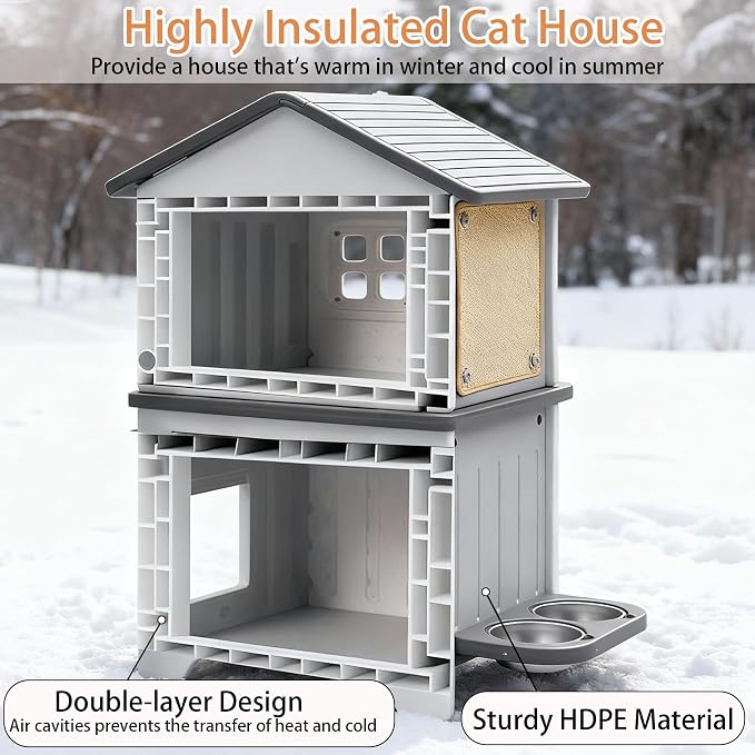 Rockever 2-Story Outdoor Cat House, Waterproof Cat House for Outdoor Cats | With Escape Door, Elevated Outside Cat House with Cat Bowls & Scratch Pads, Clean Easily(Grey)
