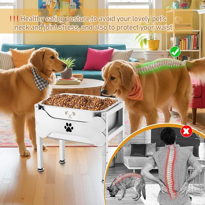 Mimorou 2.64 Gal Elevated Large Dog Water Bowl Raised Stainless Steel Bowl Stand Large Breed with Height Adjustable 7.8-12.5" Non-Slip Dog Feeding Station for Pressure Relief Indoor Outdoor(White)