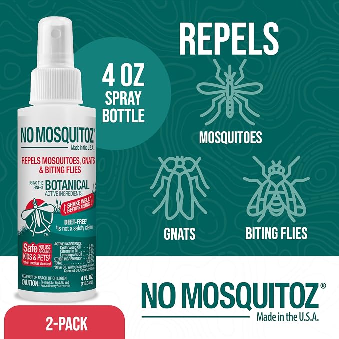 No Mosquitoz Botanical Insect Repellent, DEET-Free, Made with Natural Essential Oils, Non-Greasy Formula, Made in The USA, Woodsy Scent, 4 Ounce Spray Bottle