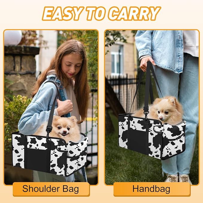 Portable Dog Car Seat for Small Dogs, Puppy Car Seat, Cow Pattern | Booster Seat With Safety Leash & Adjustable Straps Keeps Small Dogs Secure. Removable Washable Cushion. Fits Most Cars.