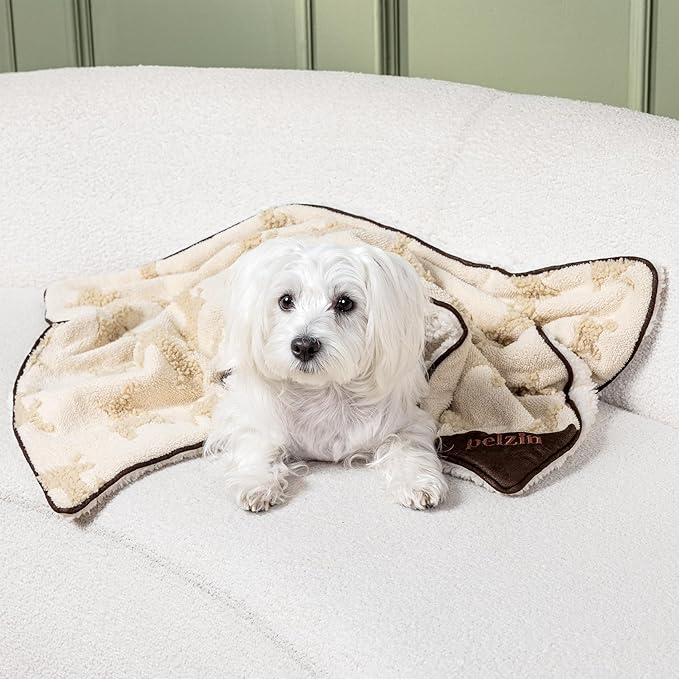Embossed Sherpa Dog Blankets for Large Dogs - Waterproof Cat Blankets for Indoor Cats - Heavy Duty Couch Cover Protector - Soft Reversible Throw Furniture Protection - Large, Cream