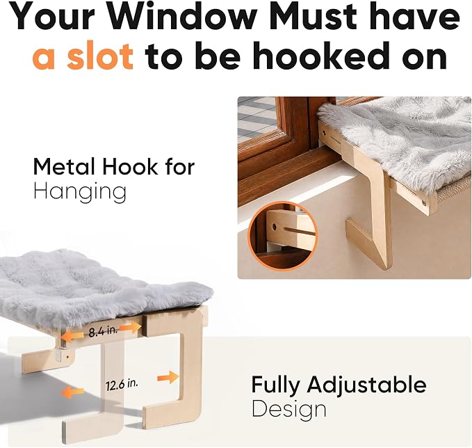 FUKUMARU Cat Window Perch, Sturdy Wood Hammock Window Bed for Indoor Cats | 3-in-1 Convertible Cat Bed for Windowsill, Bedside & Floor, Reinforced Metal Frame Hammock with Washable Fluffy Cushion