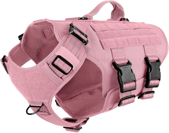 ICEFANG No Pull Tactical Dog Harness for X-Large Dogs,Adjustable Dog Vest | Control Handle,MOLLE Panel,Front Hook,3 Leash Clips,Soft Padded,for walking training,Pink,X-Large