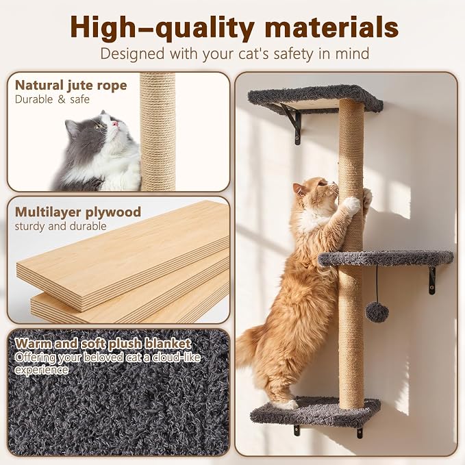 6-in-1 Cat Wall Shelves for Indoor Cats, Wall Mounted Furniture with Bed, Cave, Perch & Scratching Post, Multi-Level Climbing System, Space-Saving Playground, Natural Wood Gray