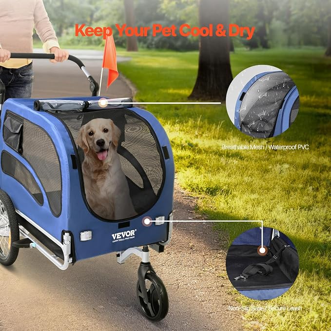 VEVOR Dog Bike Trailer, Supports up to 66/88/100 lbs, 2-in-1 Pet Stroller Cart Bicycle Carrier, Easy Folding Cart Frame with Quick Release Wheels, Universal Bicycle Coupler, Reflectors, Flag