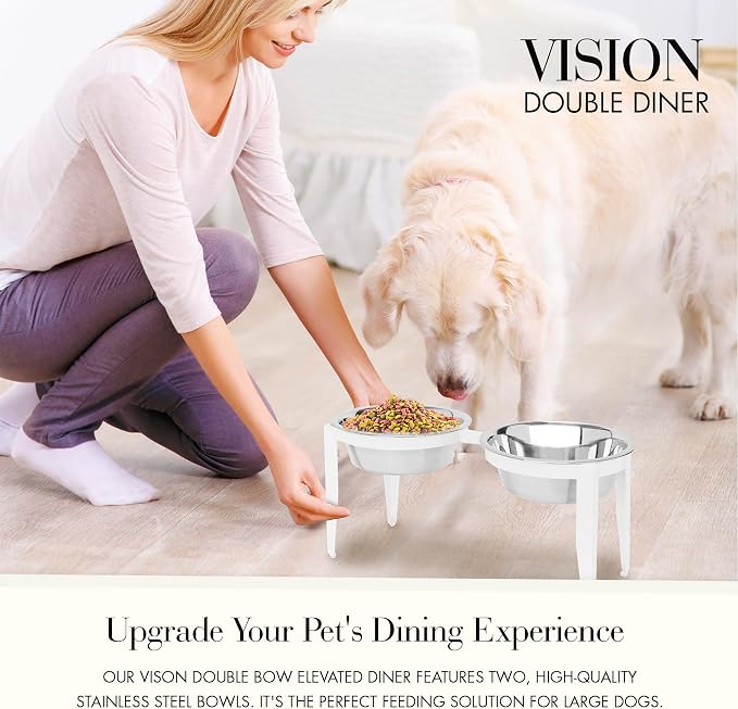 Vision Elevated Double Diner - 10" White - Metal Dog Bowl Stand for Large and XL Dogs, Raised Feeder Station, Wrought Iron, Outdoor/Indoor Pet Bowl, Best for Tall Dogs, Dog Feeding Station
