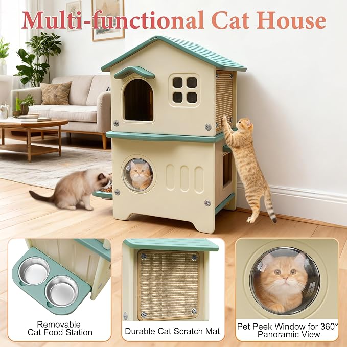 Insulated Cat House Outdoor Plastic Cats Shelter Outside with Cat Bowls | Weatherproof, Durable Plastic, with Elevated Cat Bowls, Cat Scratch Pad , Escape Door, 2-Story, Waterproof ,for Multiple Cats
