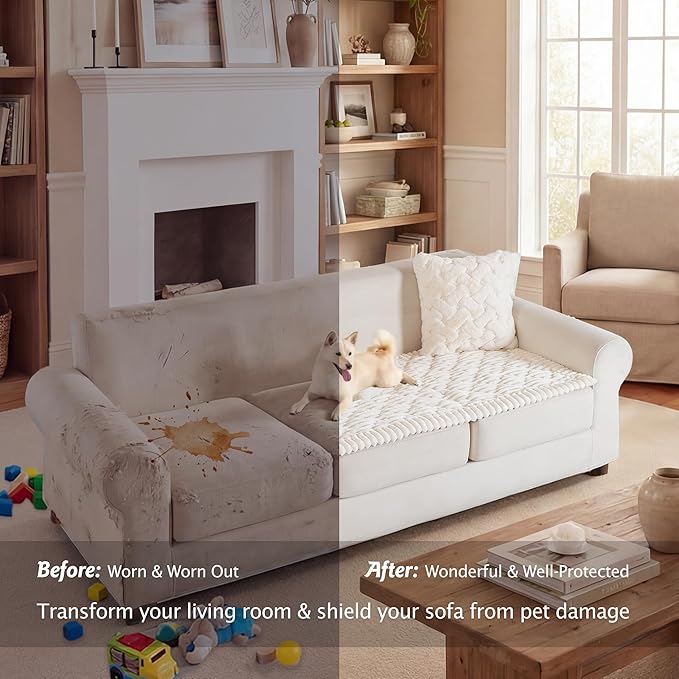 PuTian 100% Waterproof Fuzzy Couch Cover for Dogs White 27.6"x82.7" | Pet Friendly Dog Mat for Couch, Waterproof Sofa Protector, Scratch Resistant Furniture Cover for Dogs, Machine Washable