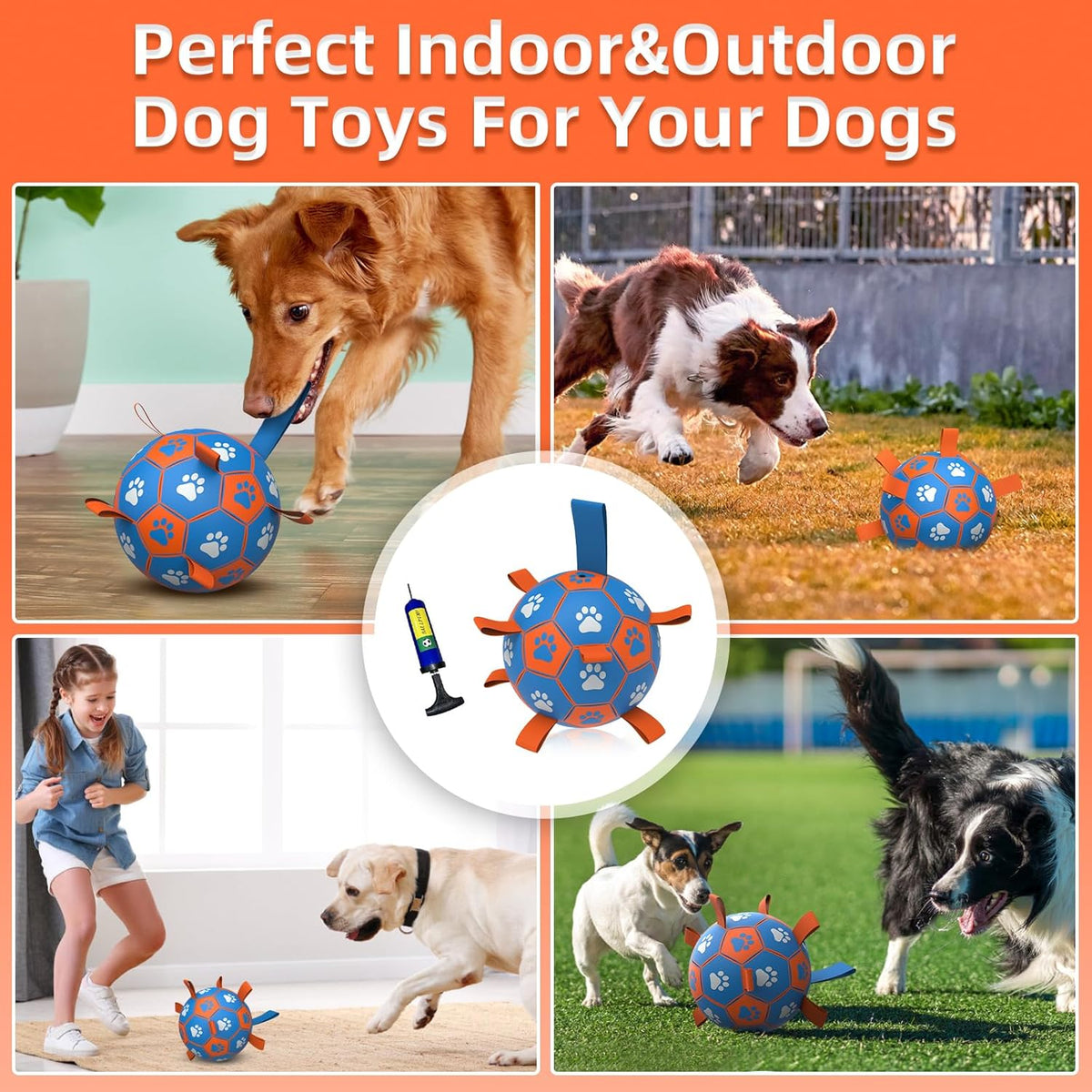 QDAN Dog Ropes Toys Soccer Ball with Straps, Puppy Birthday Gifts, Tug Toy, Durable Dog Balls for Medium & Large Dogs- Blue Orange(8 Inch)
