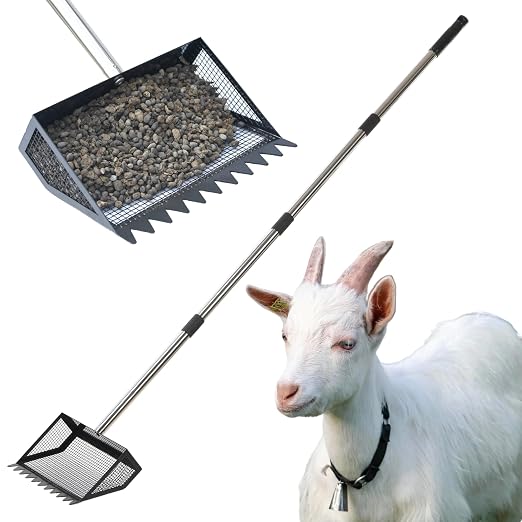 Goat Pooper Scooper, 4-in-1 Goat Stall Sifter Shovel (22 to 61 Inch,Black) | Accessories & Supplies for Goat, Chicken Poop Scooper for Sand, Horse/Sheep/Duck/Cow, Pooper Scooper Rake for Livestock