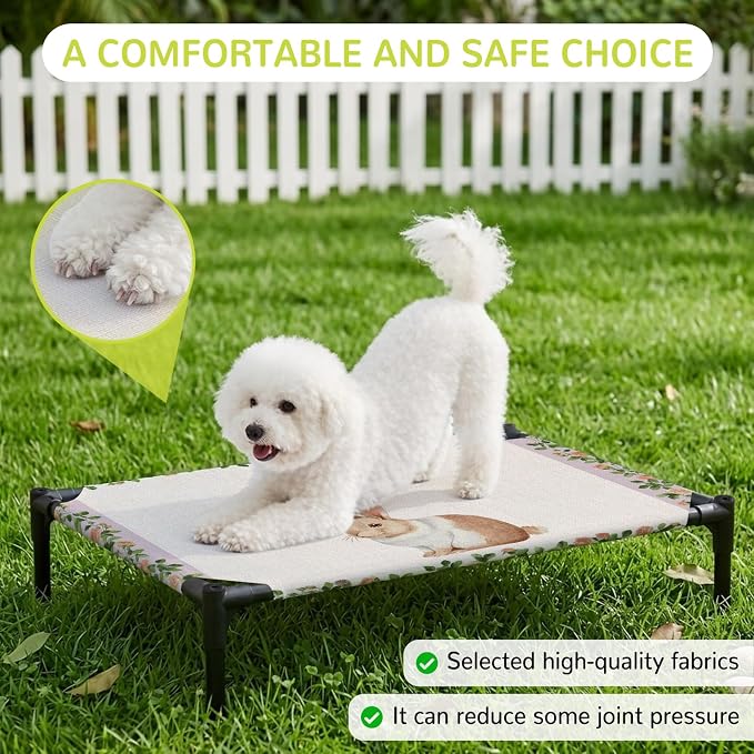 Outdoor Elevated Dog Bed for Large Dogs, Country Bunny Breathable Cooling Raised Dog Cot for Indoor/Outdoor, Farmhouse Rustic Flower Leaf Plant Beige Waterproof Elevated Pet Beds, L 28 x 22 in