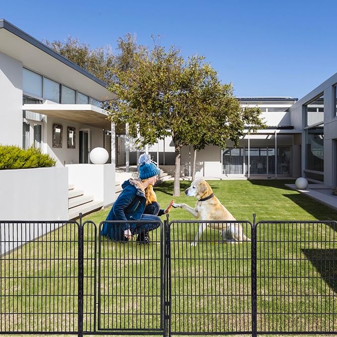 Okaygardn Tall Garden Fence Animal Barrier, 48 in(H) Fencing for Garden Beds, 4 Panels Total 8.9 Ft(L),Temporary Fence for Dogs Outdoor, 21 in Wide Low Threshold Gate, Garden Fence Border,Rabbit Fence