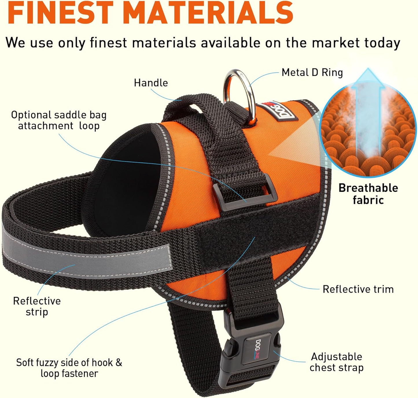 Dogline Dog Harness, Reflective No-Pull Adjustable Vest with Handle for Walking, Training, Breathable, No - Choke Harness for Small, Medium or Large Dogs Room for Patches Girth 27 to 34 in Orange