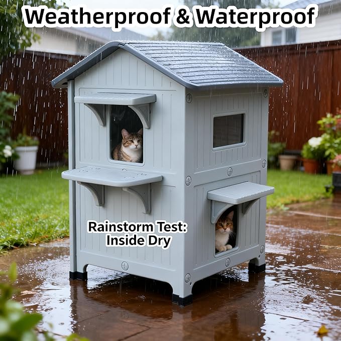 HiCaptain Outdoor Cat House 2 Story HDPE Weatherproof for Feral Cat, Grey | 21.5" D x 21" W x 34" H, Plastic Elevated Insulated Cat Shelter with Escape Door, Easy Clean & Assemble, Expansive Interior‌