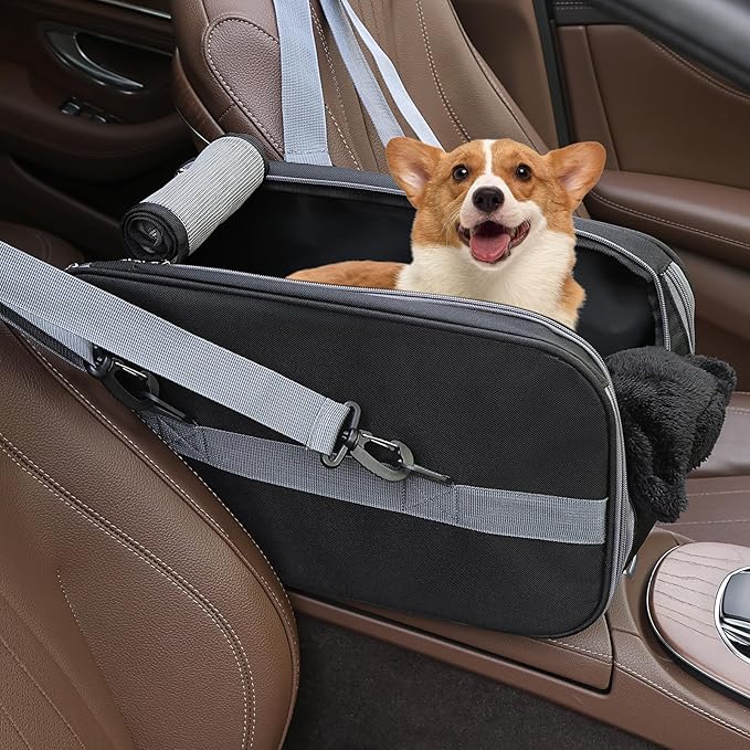Center Console Dog Car Seat for Small Dogs,Dog Booster Car Seat with Safety Belt and Pockets,Portable Pet Armrest for Puppy Cat Under 13 lbs (Black)
