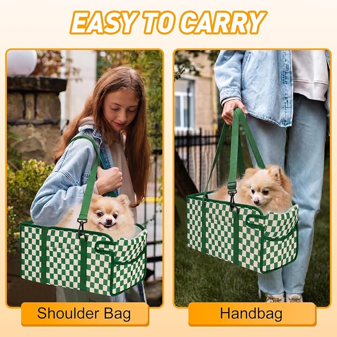 Console Dog Car Seat for Small Dogs, Foldable Booster Seat, Green Checkered | Portable Booster Seat Sits On Car Console/ Armrest. Foldable for Easy Storage. for Center Console, Easy To Clean.