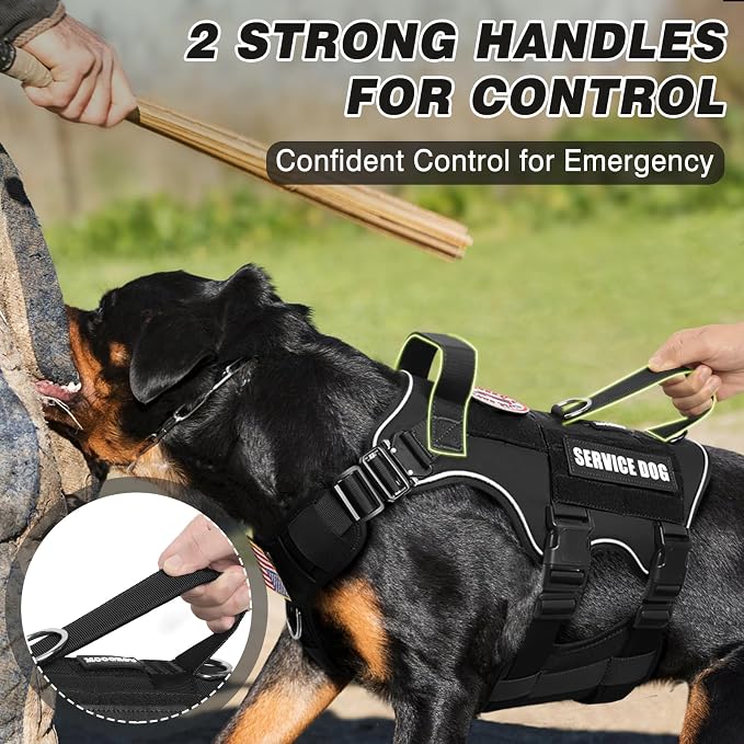 Tactical Dog Harness and Leash Set with Metal Buckles+10 Patches | Heavy Duty Service Dog Vest ,Adjustable Harness for Large Sized Dogs,No Pull Front Back Clips,for Training Hiking,Black XL