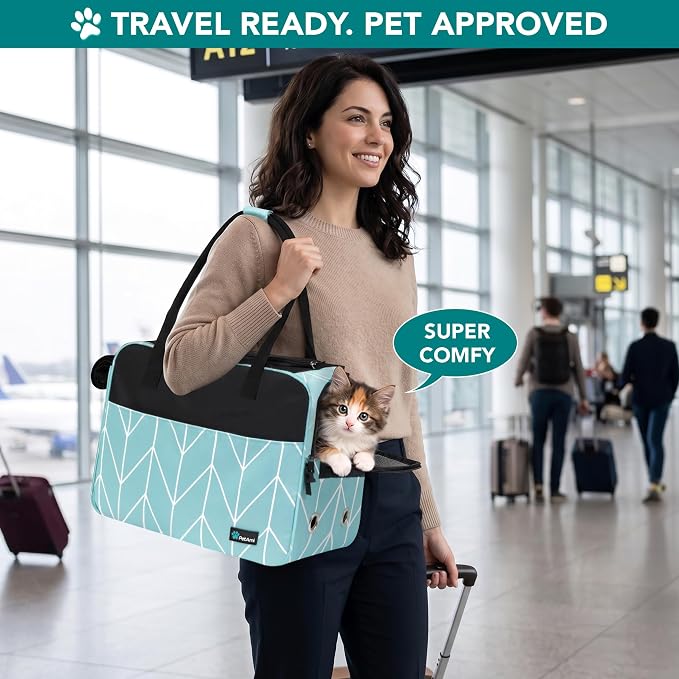 PetAmi Dog Purse Carrier for Small Dogs Cats, TSA Airline Approved Soft-Sided Pet Carrier with Pockets, Ventilated Travel Tote Bag with Bed & Shoulder Strap, Puppy Kitten, Max 12 lbs, Chevron Teal