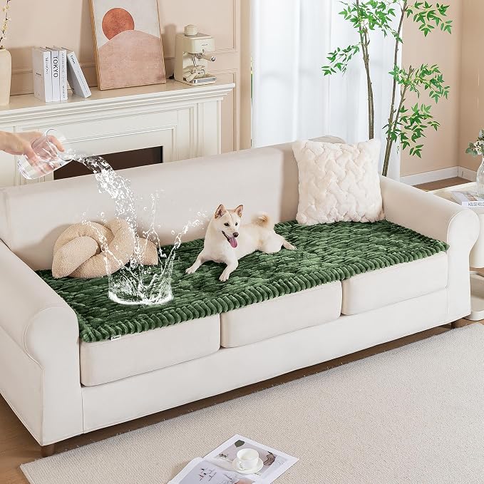 PuTian 100% Waterproof Fuzzy Couch Cover for Dogs Green 27.6"x82.7" | Pet Friendly Dog Mat for Couch, Waterproof Sofa Protector, Scratch Resistant Furniture Cover for Dogs, Machine Washable
