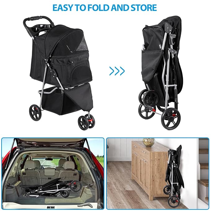 Foldable Pet Stroller for Cats and Dogs 3 Wheels Carrier Strolling Cart with Weather Cover, Storage Basket + Cup Holder (Black)