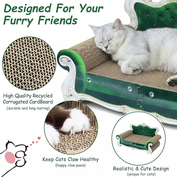 Luxury Cardboard Cat Scratcher Sofa Bed, Couch Shaped Cat Scratching Board, Cat Scratch Lounge with Catnip, Cat Scratcher for Indoor Cats (Green Crown)