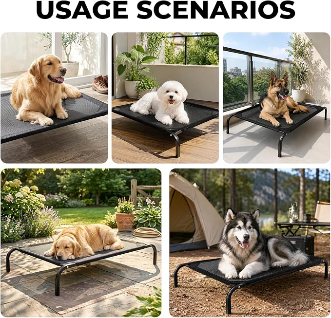 Outdoor Raised Dog Cot Bed for Large Dogs, Large Breathable Elevated Cooling Dog Beds, Off Ground Training Pet Hammock Bed with Anti-Slip Base, 41"x25", Black