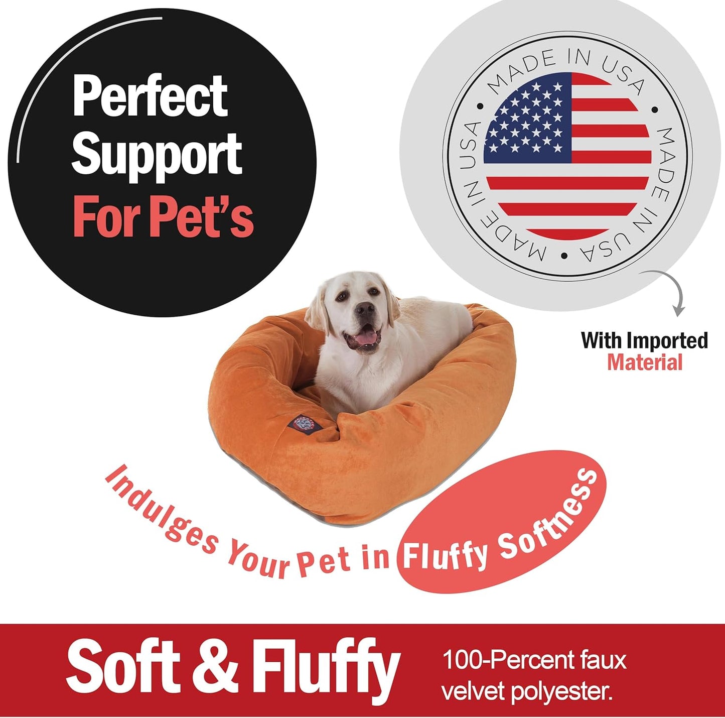 Majestic Pet 40 Inch Micro Velvet Calming Dog Bed Washable 40x29x9 (inch) – Cozy Soft Round Donut Dog Bed with Spine for Head Support - Pet Bed Large – Orange