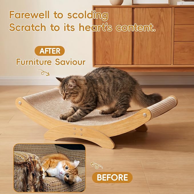 Extra-Larger Sisal Cat Scratcher Bed, Furniture Protector for Indoor Cats | Wood Frame Scratch Pad, 27.6" Natural Sisal Scratch Post, Modern Cats Lounger/Hammock, Easy Assembly