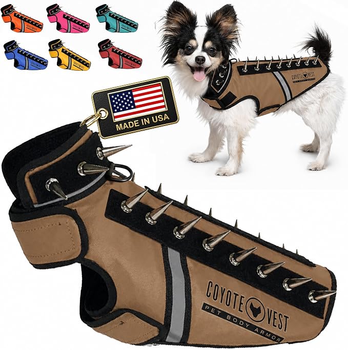 CoyoteVest SpikeVest Dog Harness, Made in the USA, XS-Texas Tan | Stab-Resistant Protective Vest | Coyote Vest for Dogs | Defends Against Coyotes, Dogs, Birds of Prey | Reflective Safety