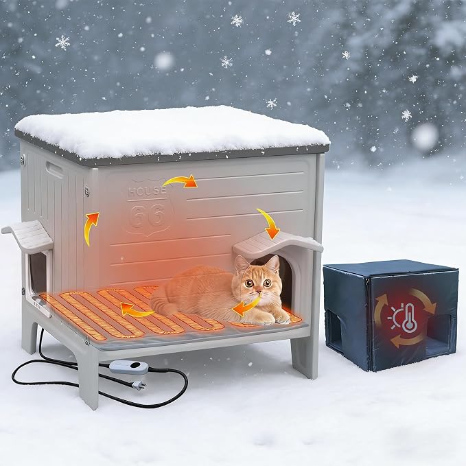 Heated Cat House for Outside with Foam for Outdoor Cat,Plastic cat Shelter | Heated Insulated Cat House, Plastic Weatherproof Insulated cat House, Cat Shelter for Feral Cats