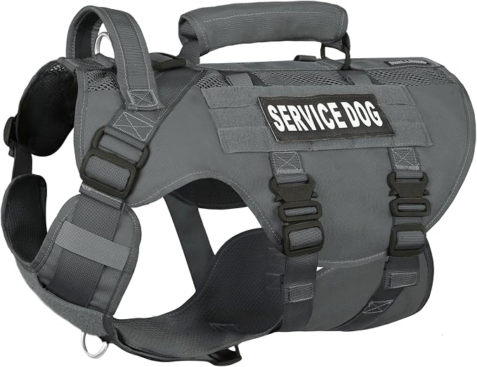 Service Dog Vest for Large Dogs, Grey Tactical Harness with Military MOLLE, Breathable Mesh & 39g Metal Buckle - Size L for Training & Hiking