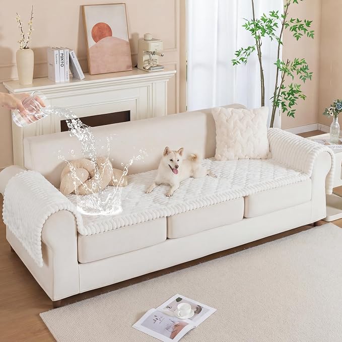 PuTian 100% Waterproof Fuzzy Couch Cover for Dogs White 27.6"x27.6" | Pet Friendly Dog Mat for Couch, Waterproof Sofa Protector, Scratch Resistant Furniture Cover for Dogs, Machine Washable