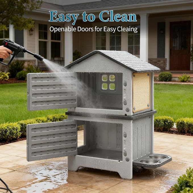 Cat House Outdoor Weatherpoof Plastic Cats Houses 2-Story | with Elevated Cat Bowls, Cat Scratch Pads and Escape Door, Indoor Waterproof Feral Cat Shelter Outside for Multiple Cats