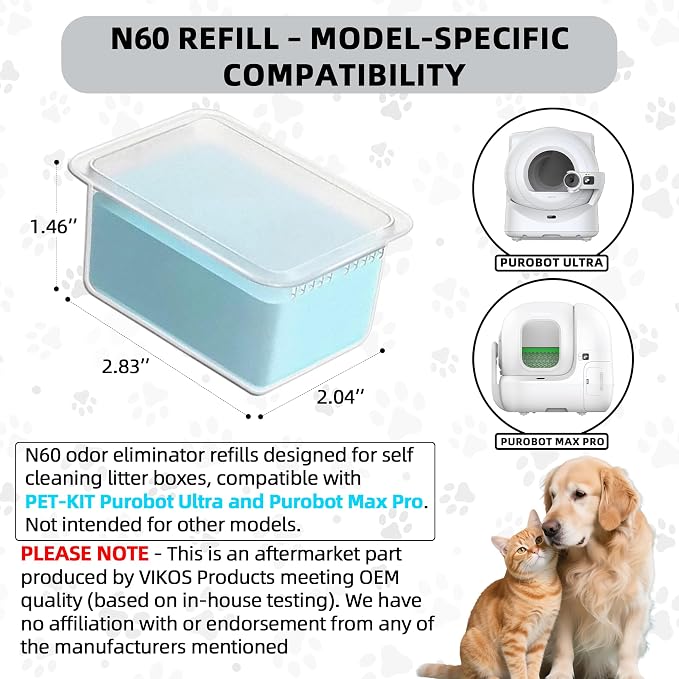 N60 Odor Eliminator Refills Compatible with PET-KIT Purobot Ultra & Purobot Max Pro Cat Litter Deodorizer for Self Cleaning Litter Box, N60 Deodorizer Refill Pet Odor Remover, 6 Pack