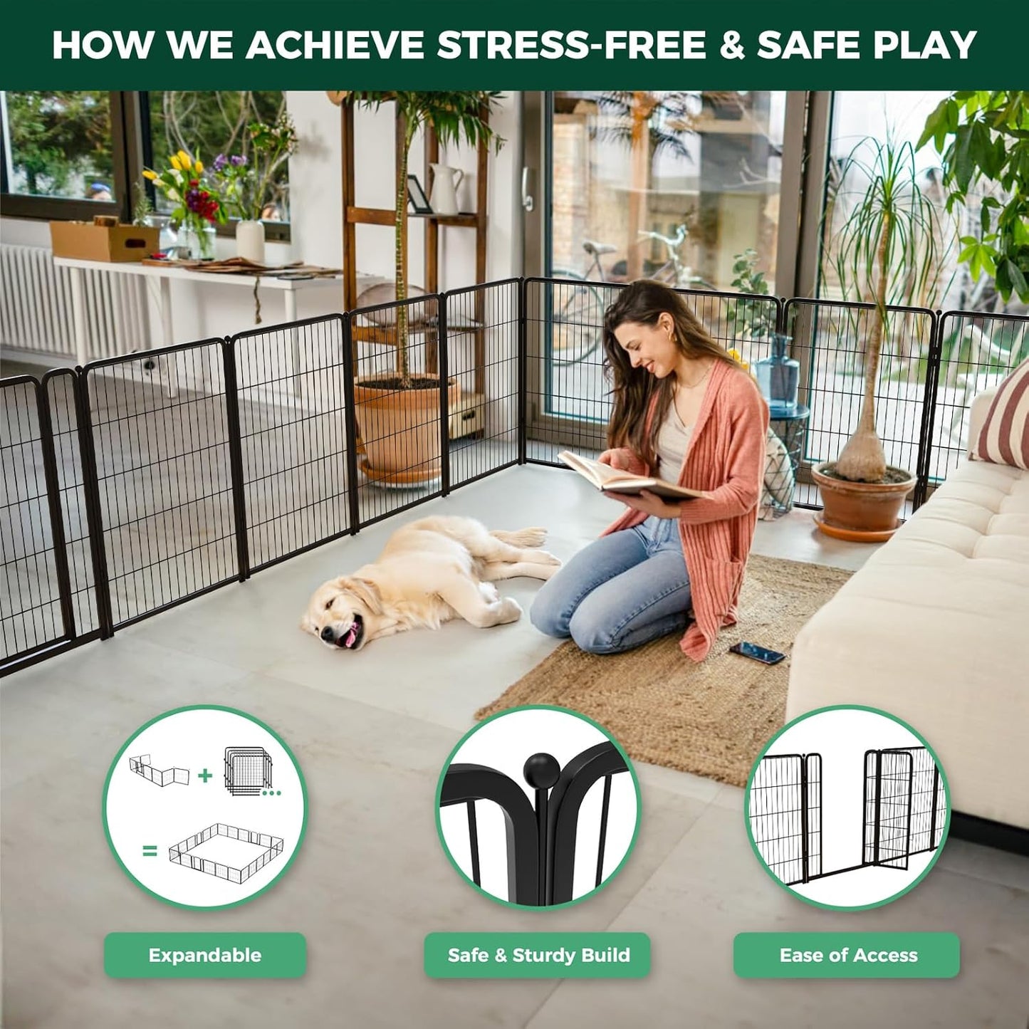 FXW Homeplus Unleashed Indoor Dog Playpen - Stress-Free and Safe Play, Heavy Duty 40 Inch 12 Wire Panels Dog Pen for Medium and Large Dogs, Black│Patented