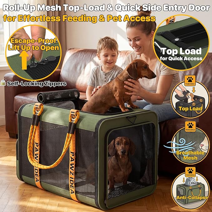 PAWZIDEA Large Pet Carrier Expandable, 24"×16"×16" Soft-Sided Cat Carrier for 2–4 Cats up 55lb, Portable & Collapsible Small Medium Dog Travel Crate for Car, XL Storage Pocket, ID Card, Shoulder Strap
