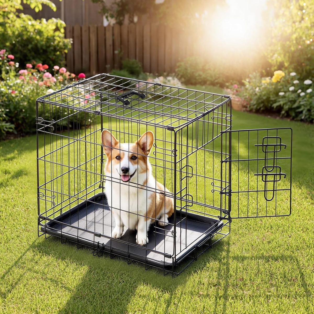 DUMOS Dog Crate, 30 Inch Medium Single Door Dog Cage with Divider Panel and Plastic Leak-Proof Pan Tray, Folding Metal Wire Pet Kennel for Indoor, Outdoor, Travel
