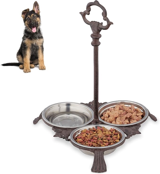 Relaxdays Cast Iron Feeding Station for Cats & Dogs, 3 Stainless Steel Bowls, Antique, Handle, Outdoor, Dark Brown, 37 x 31.5 x 30 cm