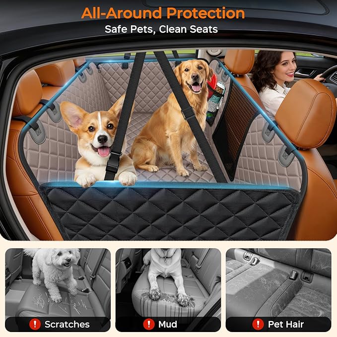 URPOWER Backseat Extender for Dogs - Hard Bottom Dog Car Seat Cover for Back Seat, Dog Hammock for Car and SUV, Pet Rear Seat Protector Dogs Travel Bed with Mesh Window & Side Flaps