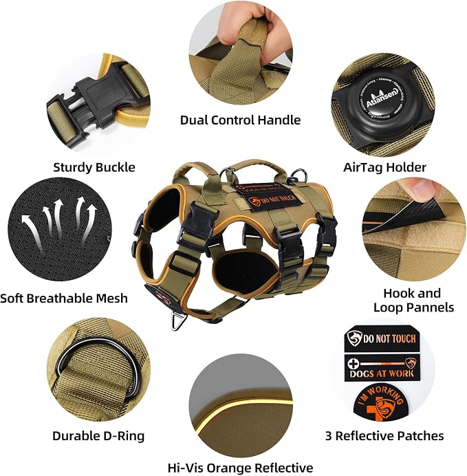 Reflective Tactical Dog Harness with AirTag Holder&3 Pet Patches, Khaki XL | Heavy Duty No Pull Dog Harness, Adjustable Dog Harness, Two Handles, Breathable Mesh Padding, Resists Dirt and Stay Clean