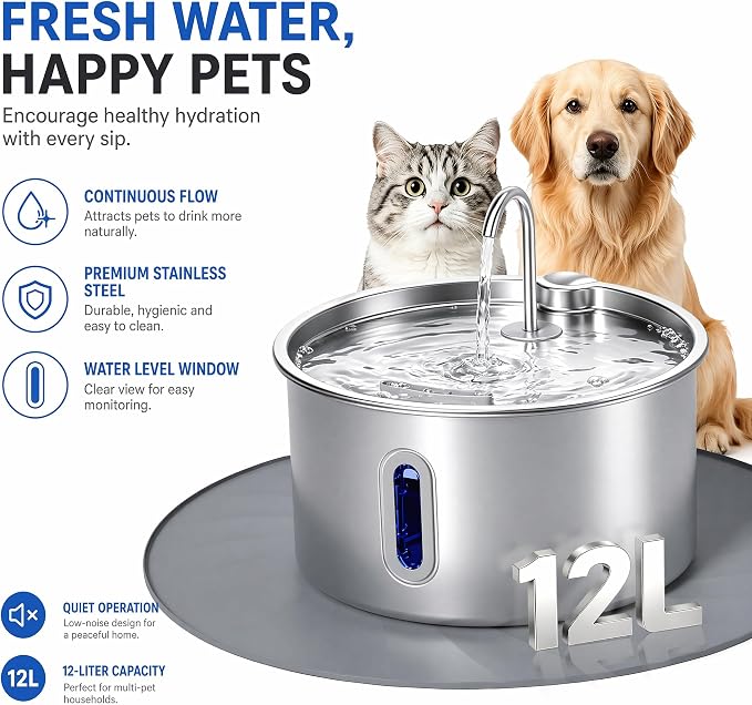12L/3.17Gal Dog Water Fountain Stainless Steel | 6 Filters Pet Fountain Water Bowl for Large Dogs Multi-Pet Dispenser Water Visible Window & LED Light Alert