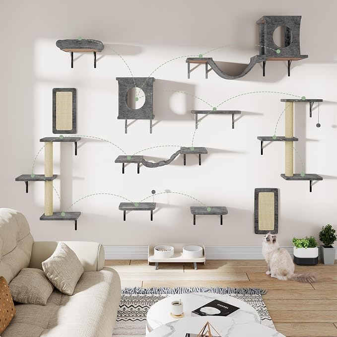 11-in-1 Cat Wall Shelves Cat Climbing Furniture with Wall Mounted Perch & Lounge for Indoor Cats, Space-Saving Cat Climbing Wall Systems, Dark Gray