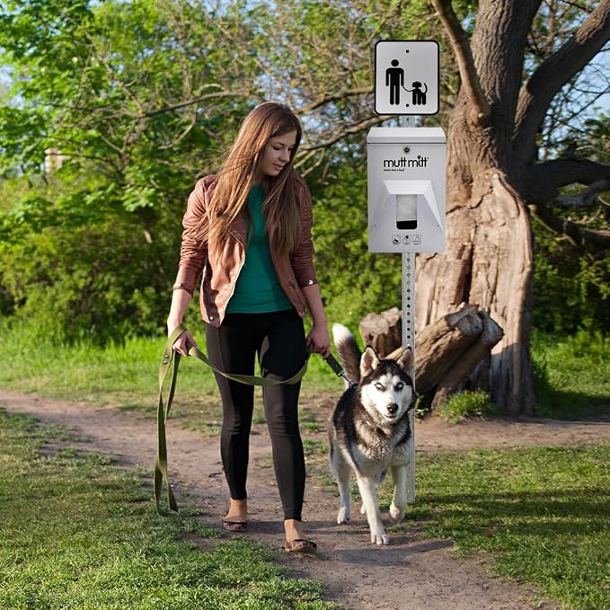 Mutt Mitt® Aluminum Mini Dog Waste Station - Gloss White | Singles | Full-height aluminum station with sign, 400 header bags, locking dispenser, & post | install beside existing trash cans