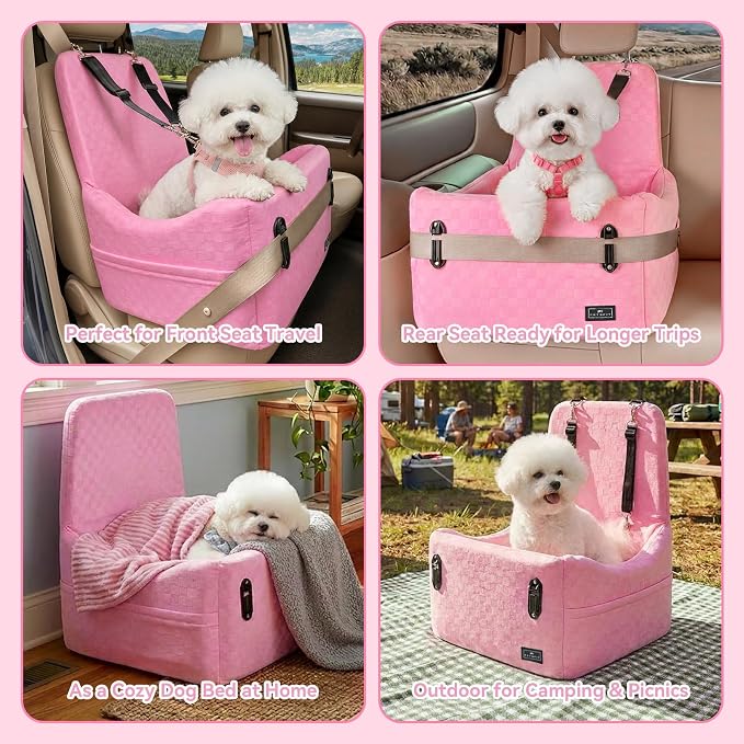 PETSFIT Cat Car Seat with Patented Safety System, 5" Elevated Pad, Pink | Fully Detachable Washable Cover, Memory Foam Dog Booster Seat for Small/Medium Dogs Up to 35 Lbs with 2 Storage Pockets