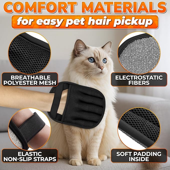 Pet Hair Removal Glove – Electrostatic Five-Finger Fur Remover for Cats & Dogs, Reusable Polyester Glove 9.25"x6.69" for Couch, Carpet, Car Seat, Furniture & Clothing, Great as Cat Mom Gifts