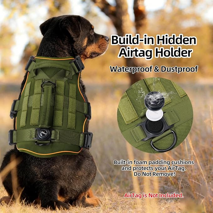 Reflective Tactical Dog Harness with AirTag Holder&3 Pet Patches, Green XL | Heavy Duty No Pull Dog Harness, Adjustable Dog Harness, Two Handles, Breathable Mesh Padding, Resists Dirt and Stay Clean